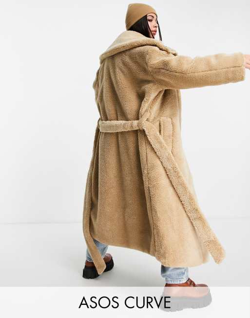 ASOS DESIGN Curve borg patched longline parka in camel