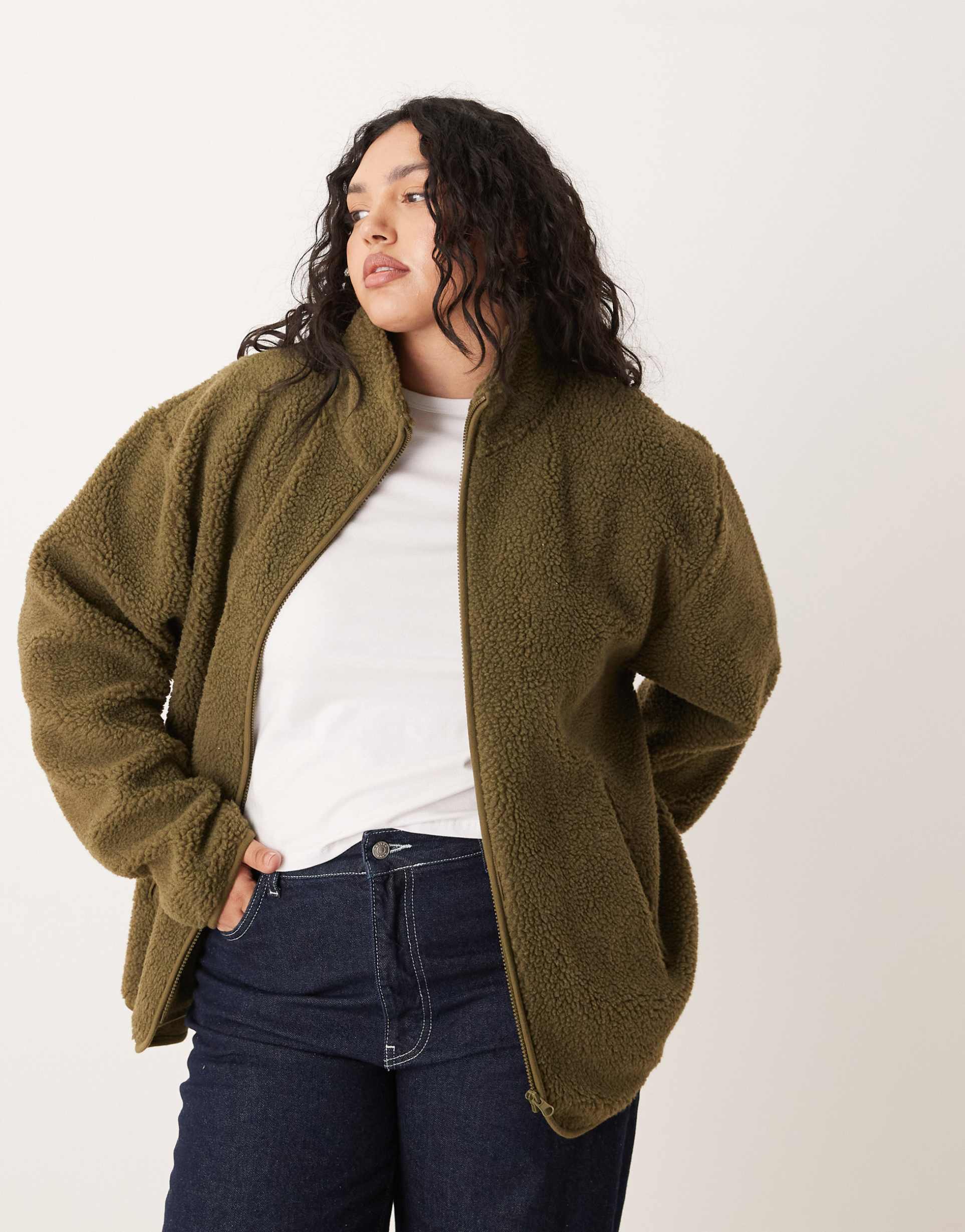 asos design curve borg zip up fleece in khaki