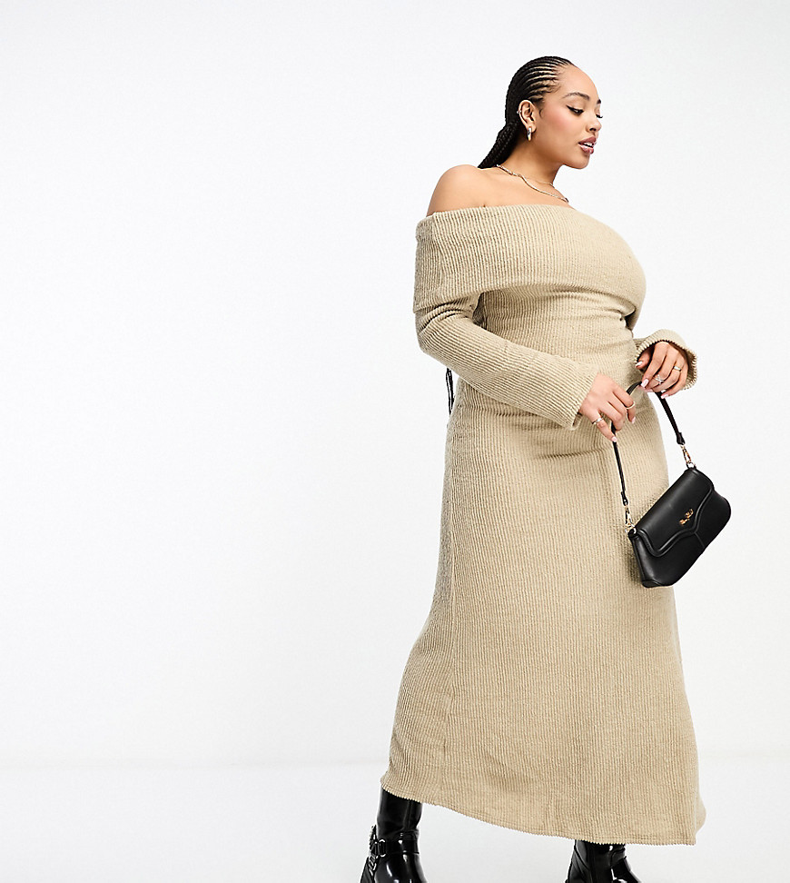 Asos Curve Asos Design Curve Boucle Maxi Off The Shoulder Dress With Flared Sleeve In Oat-green