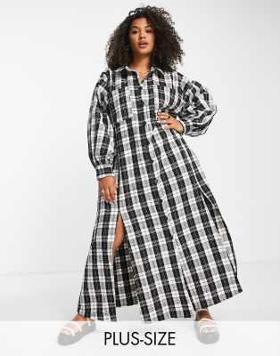 ASOS DESIGN Curve boucle maxi shirt dress in mono check-Multi