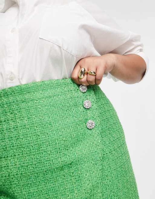 ASOS DESIGN Curve boucle mini skirt with diamante buttons in green