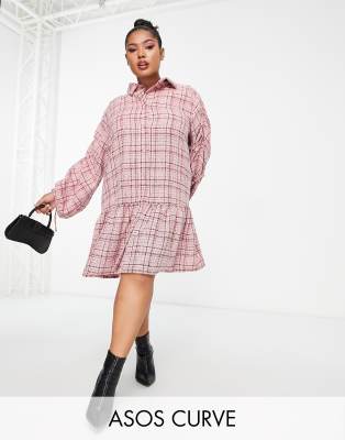 Asos Curve Asos Design Curve Boucle Mini Smock Shirt Dress With Pephem In Pink