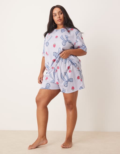 ASOS DESIGN Curve bow & berry oversized tee & shorts pajama set in blue