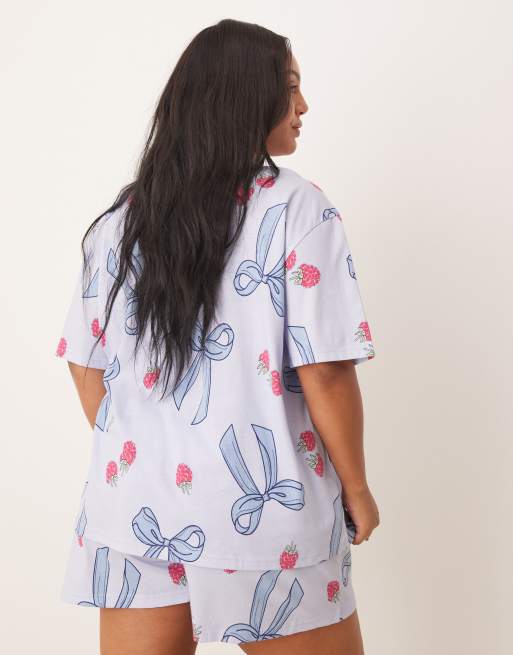 ASOS DESIGN Curve bow & berry oversized tee & shorts pajama set in blue