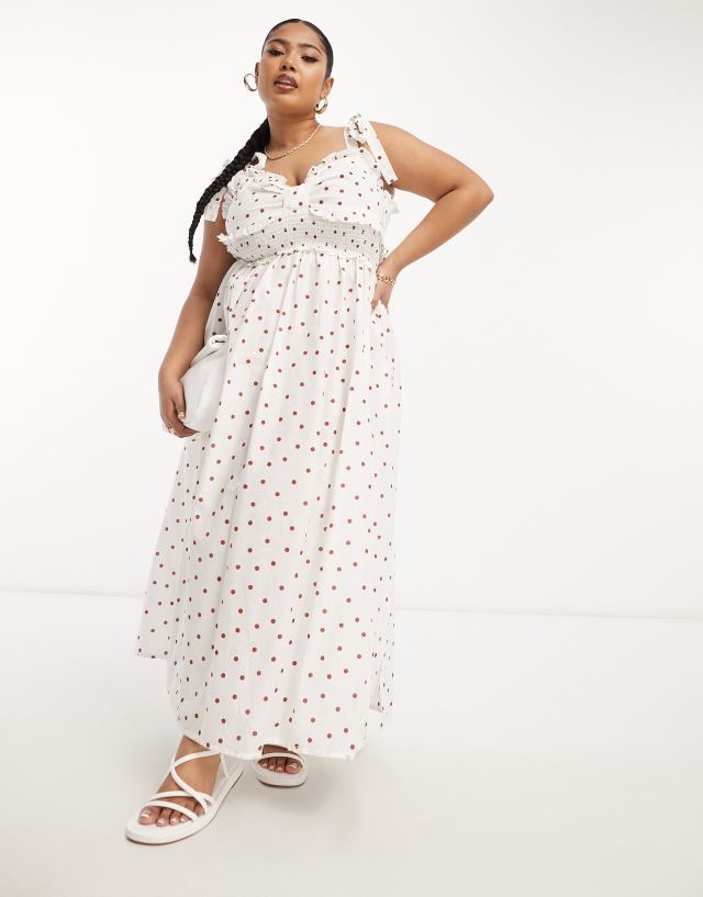 ASOS Curve - ASOS DESIGN Curve bow bust shirred waist midi sundress in brown polka dot