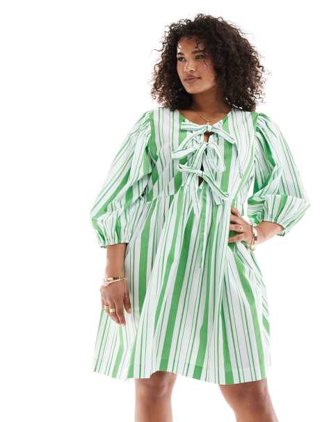 ASOS DESIGN Curve bow tie front mini smock dress in apple stripe - view 1