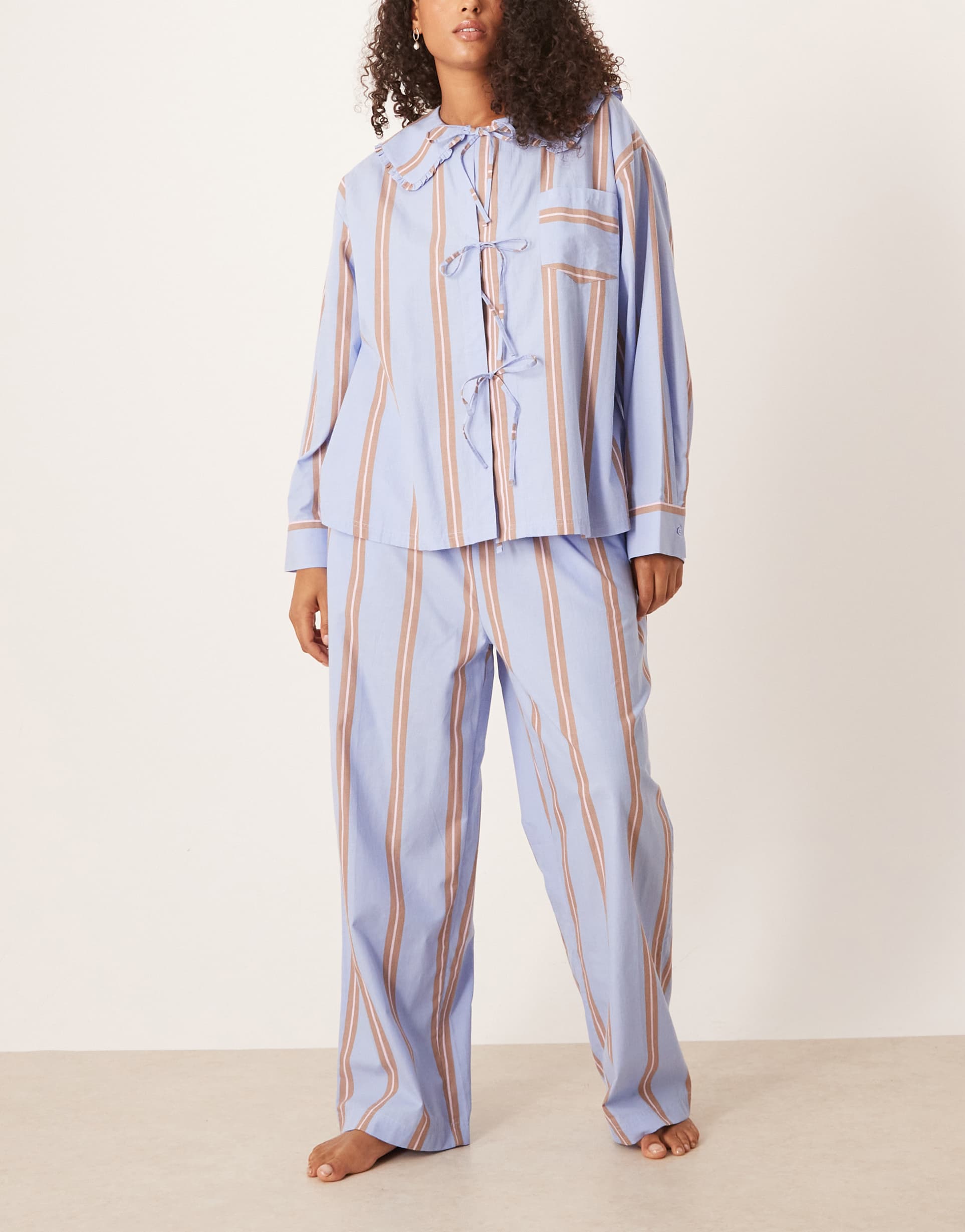asos design curve bow tie up shirt & wide leg pants pajama set in blue & brown stripe
