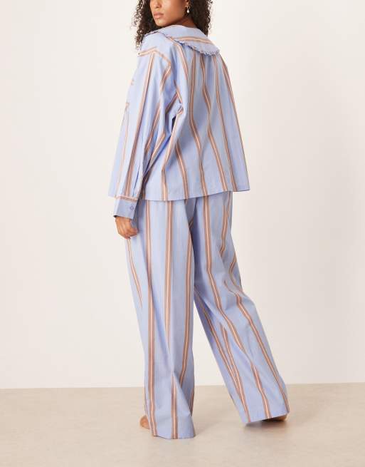 ASOS DESIGN Curve bow tie up shirt & wide leg pants pajama set in blue & brown stripe, 4 of 4