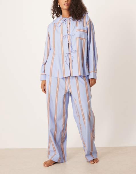 ASOS DESIGN Curve bow tie up shirt & wide leg pants pyjama set in blue & brown stripe - view 1