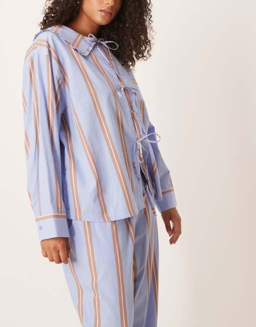 ASOS DESIGN Curve bow tie up shirt & wide leg pants pyjama set in blue & brown stripe, 2 of 4