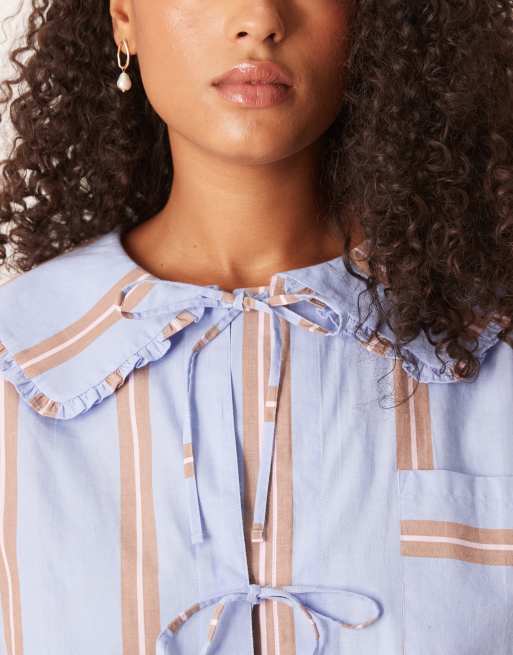 ASOS DESIGN Curve bow tie up shirt & wide leg pants pyjama set in blue & brown stripe, 3 of 4