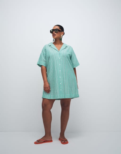 ASOS DESIGN Curve - Bowling overhemdjurk met strepen in groen, 2 van 7