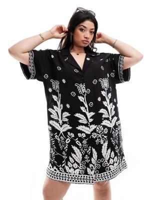 Asos Curve Asos Design Curve Bowling Shirt Dress In Black And White Scarf Print