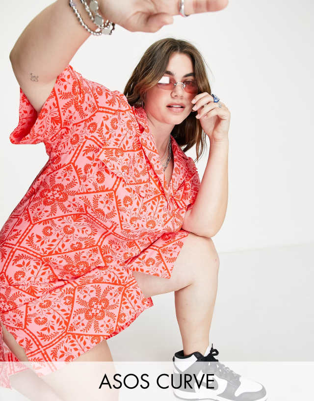 ASOS DESIGN Curve bowling shirt dress in bright bandana print