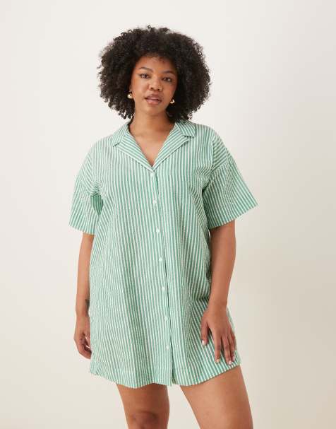 ASOS DESIGN Curve bowling shirt dress in green stripe - view 1