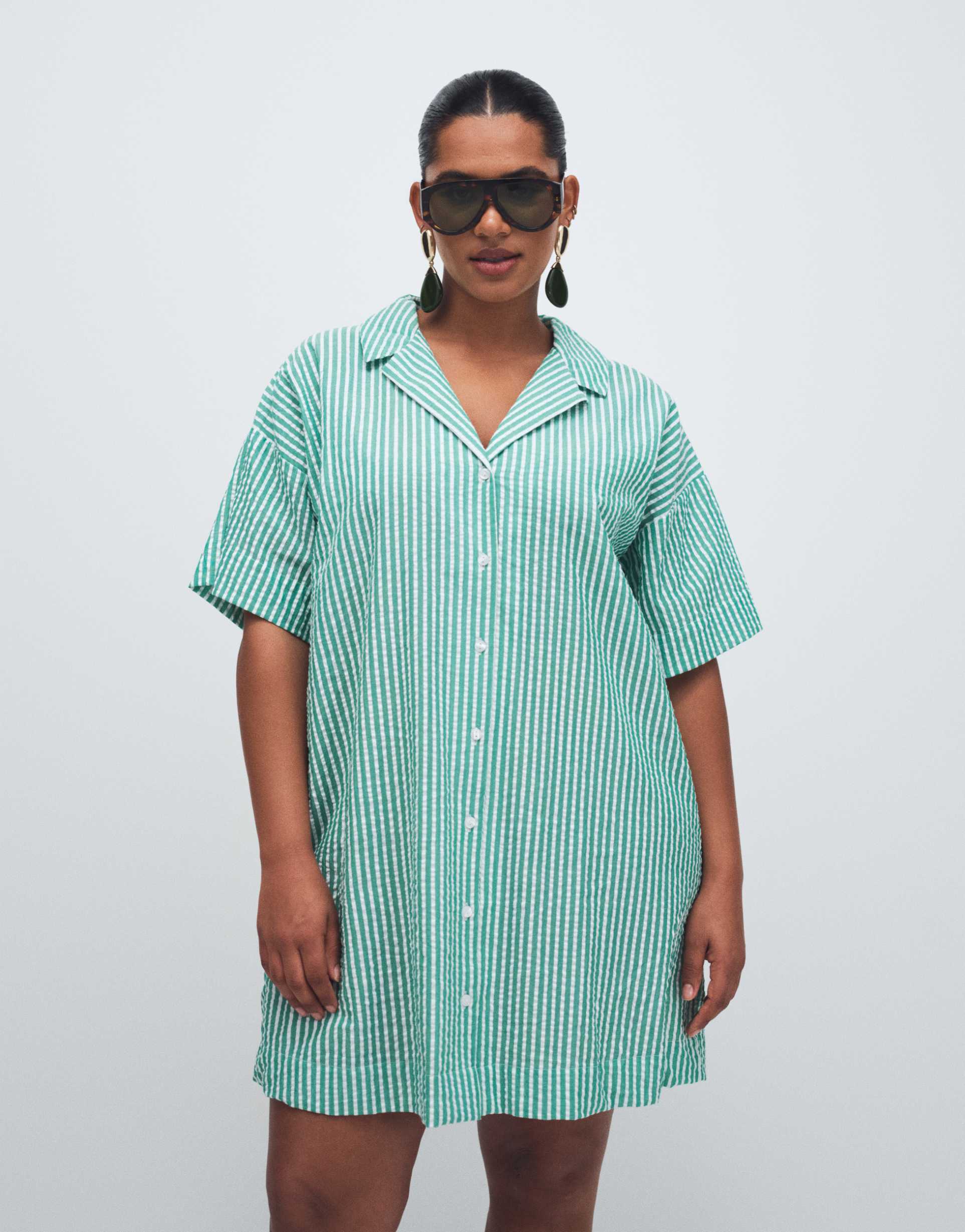 asos design curve bowling shirt dress in green stripe