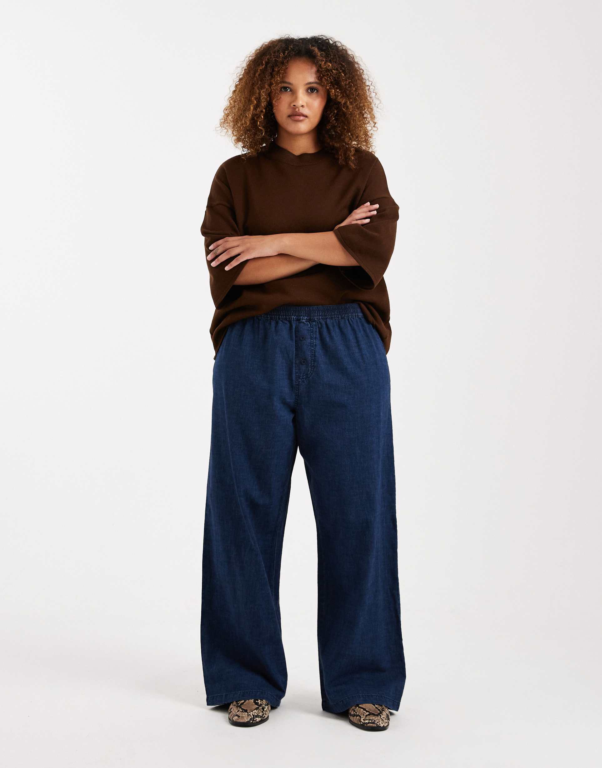 asos design curve boxer waist wide leg denim pants in indigo