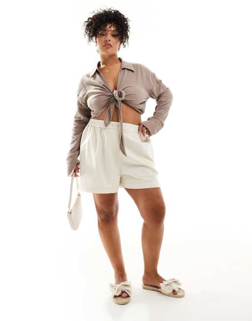 ASOS DESIGN Curve - Boxershort van linnenmix in neutraal