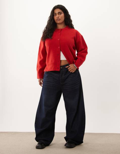 ASOS DESIGN Curve boxy cardigan with side slit detail in red - view 1