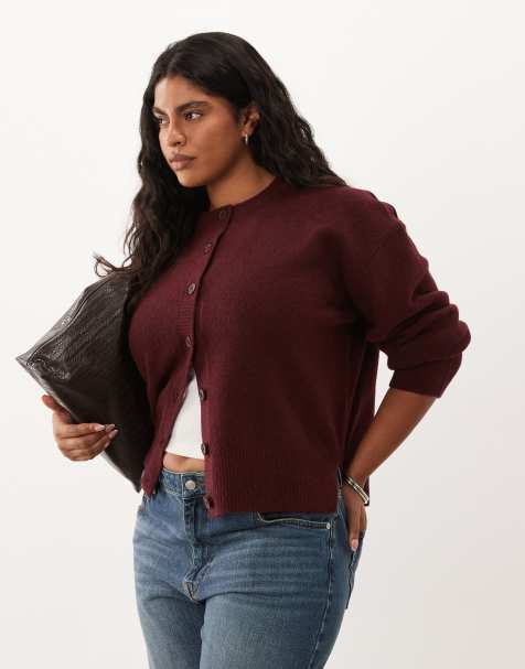 ASOS DESIGN Curve boxy cardigan with side split detail in burgundy - view 1