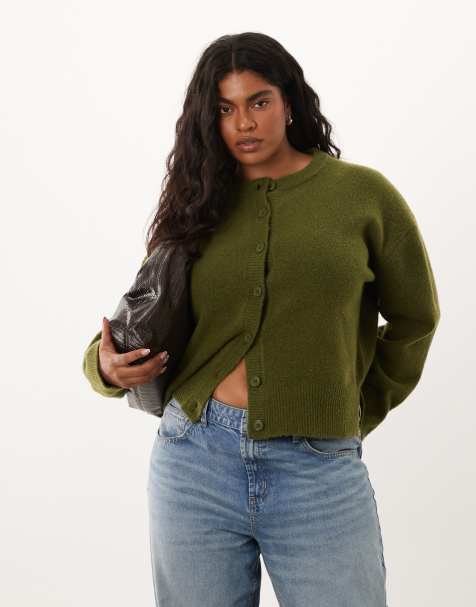 ASOS DESIGN Curve boxy cardigan with side split detail in olive - view 1