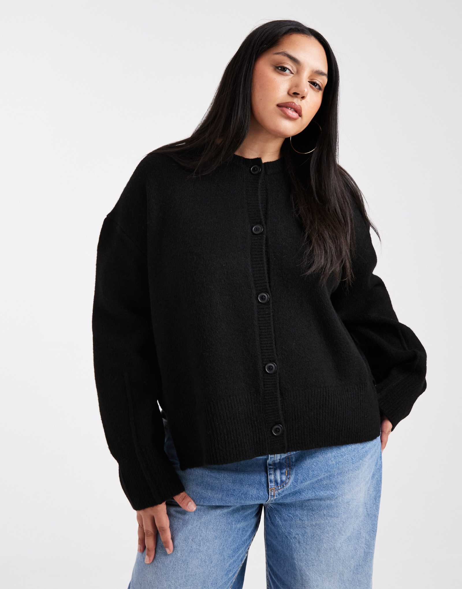 Облегающий кардиган с круглым вырезом и разрезом по бокам от ASOS DESIGN Curve черного цвета