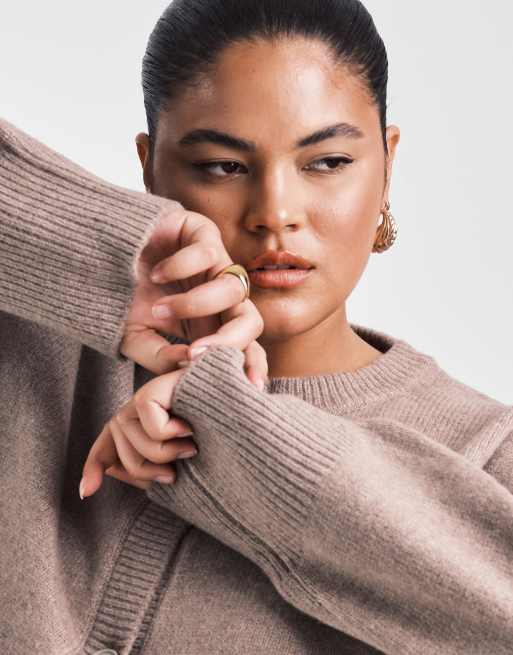 ASOS DESIGN Curve boxy crew neck cardigan with side split detail in mushroom