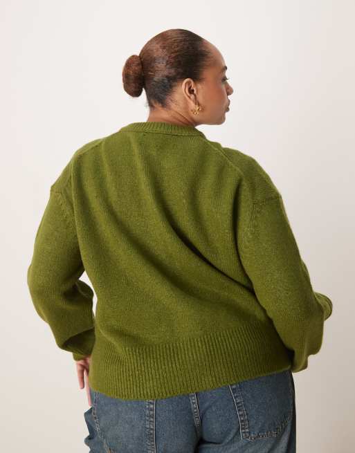 ASOS DESIGN Curve boxy crew neck cardigan with side split detail in olive