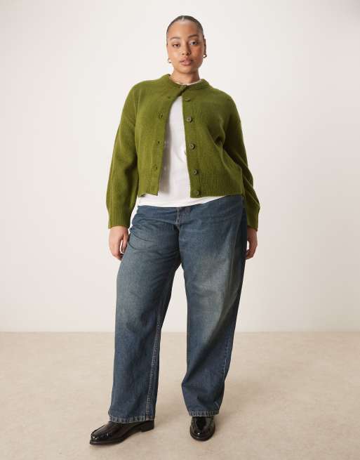 ASOS DESIGN Curve boxy crew neck cardigan with side split detail in olive