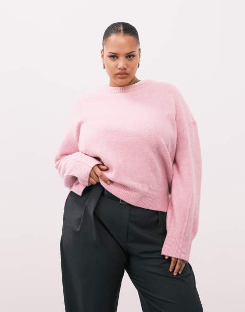 ASOS DESIGN Curve boxy crew neck jumper with side split detail in pink