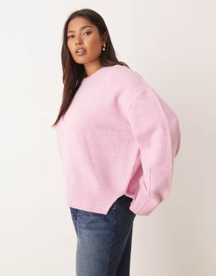 Asos Curve Asos Design Curve Boxy Crew Neck Sweater With Side Split Detail In Pink