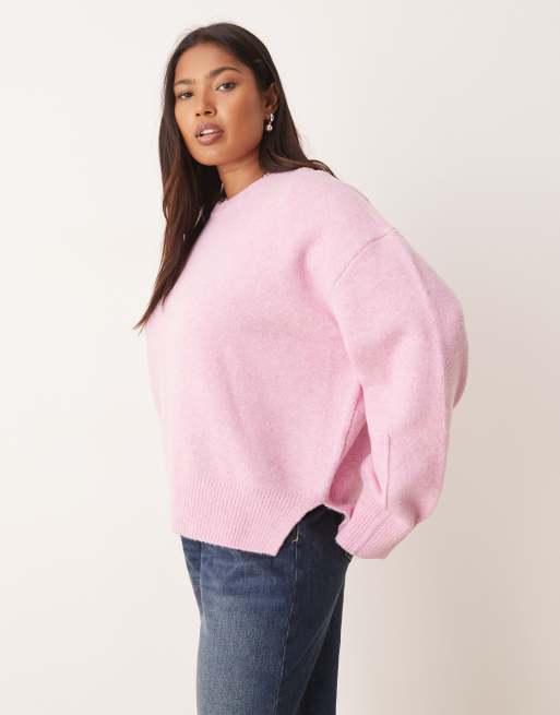 ASOS DESIGN Curve boxy crew neck sweater with side split detail in bright pink