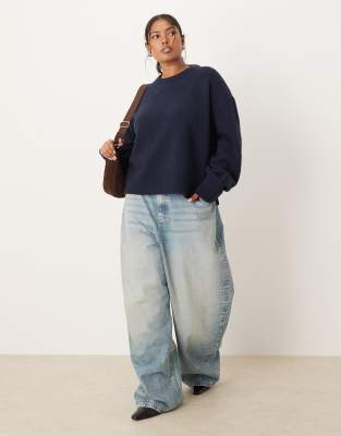 Asos Curve Asos Design Curve Boxy Crew Neck Sweater With Side Split Detail In Blue
