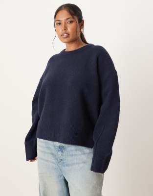 Asos Curve Asos Design Curve Boxy Crew Neck Sweater With Side Split Detail In Blue