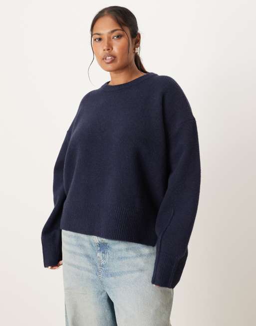 ASOS DESIGN Curve boxy crew neck sweater with side split detail in navy