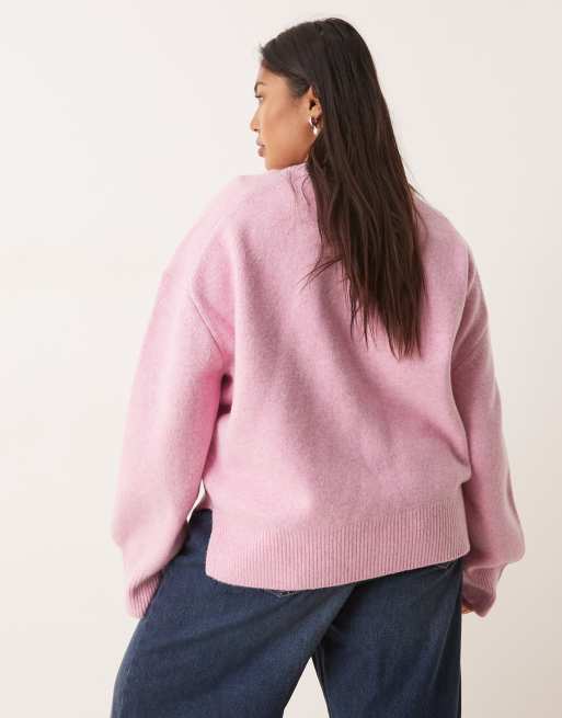 ASOS DESIGN Curve boxy crew neck sweater with side split detail in pink