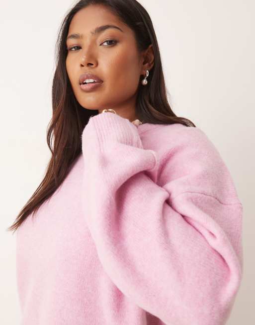 ASOS DESIGN Curve boxy crew neck sweater with side split detail in pink