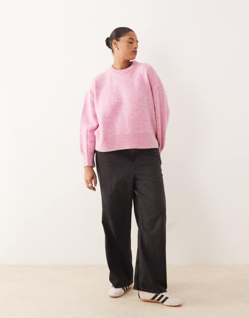 ASOS DESIGN Curve boxy crew neck sweater with side split detail in pink