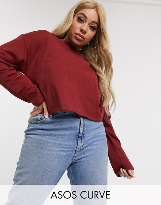 ASOS DESIGN Curve boxy crop t-shirt with overlock in burgundy