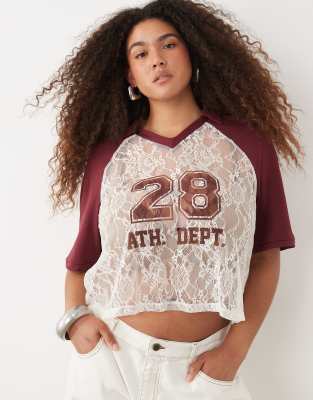 Asos Curve Asos Design Curve Boxy Cropped Lace Football Shirt In Brown