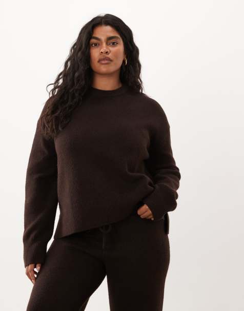 ASOS DESIGN Curve boxy jumper with side split detail in chocolate - view 1