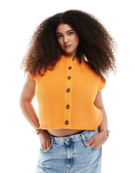 ASOS DESIGN Curve boxy knitted stitch waistcoat with button detail in orange - view 1