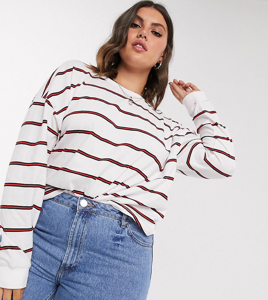 ASOS DESIGN Curve boxy long sleeve crop in mixed stripe in white-Multi