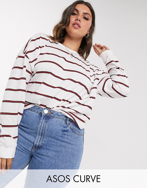 ASOS DESIGN Curve boxy long sleeve crop in mixed stripe in white