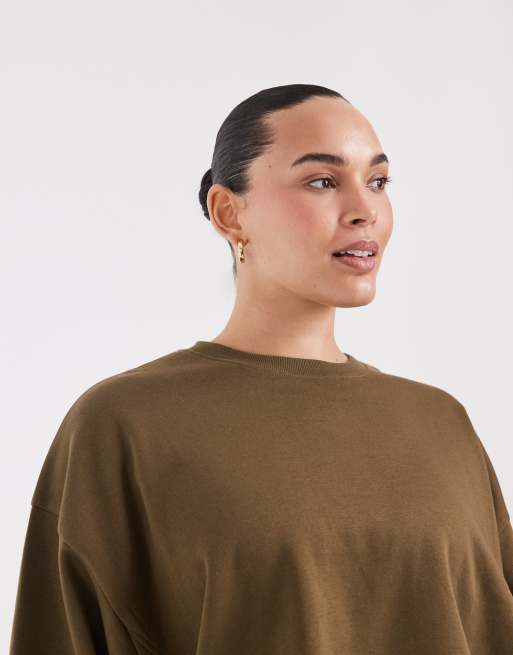 ASOS DESIGN Curve boxy oversized brushback sweat in khaki, 2 of 4