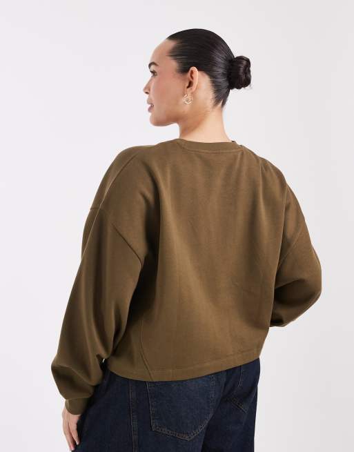 ASOS DESIGN Curve boxy oversized brushback sweat in khaki, 4 of 4