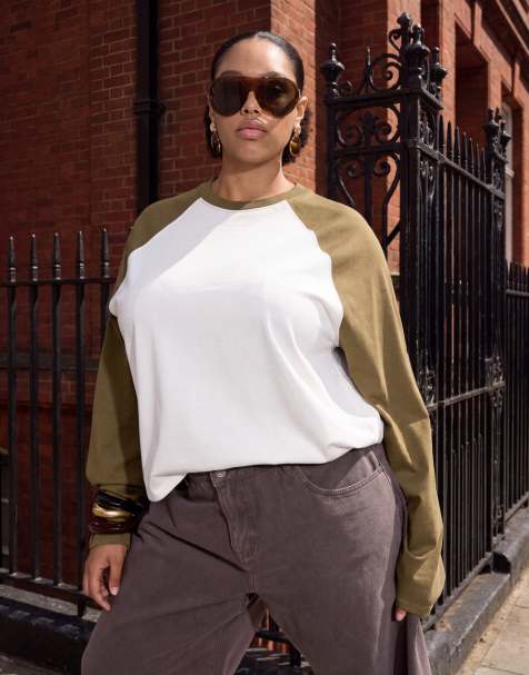 ASOS DESIGN Curve boxy raglan with contrast sleeves in cream & khaki - view 1