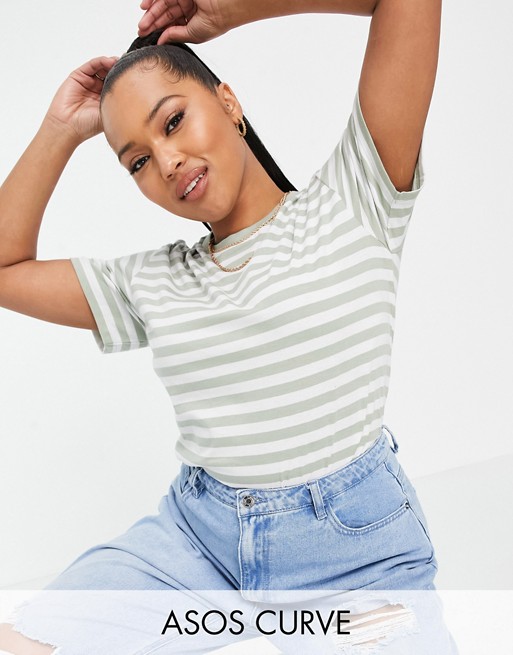 ASOS DESIGN Curve boxy t-shirt in white and sage stripe