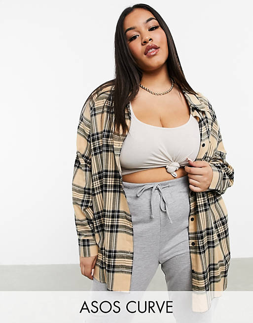 Tops Shirts & Blouses/Curve boyfriend check shirt in tan and black 