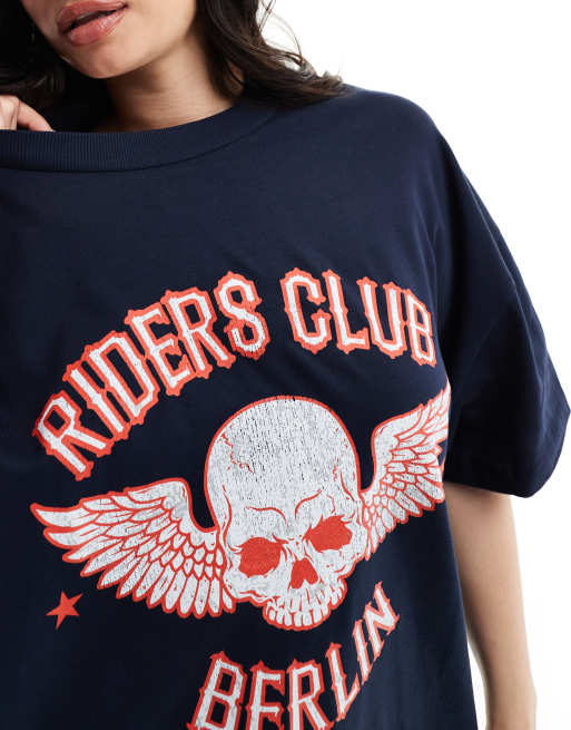 ASOS DESIGN Curve boyfriend fit heavyweight t shirt with riders club rock graphic in navy